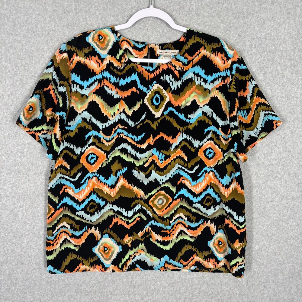 Vintage 90s Notations Satin Blouse XL Orange Blue Ikat Southwest Abstract Granny